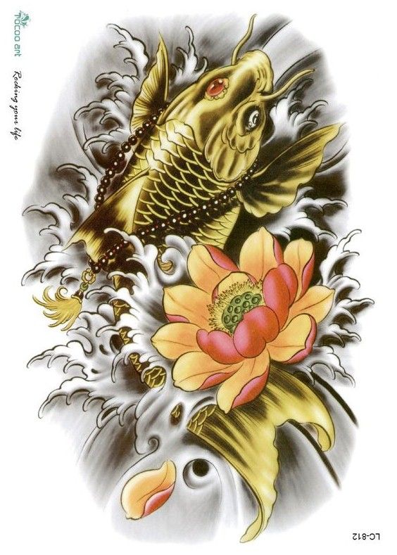Hình xăm cá chép và hoa sen phong cách cổ điển, chi tiết cao, thể hiện sống động, độ phân giải HD.