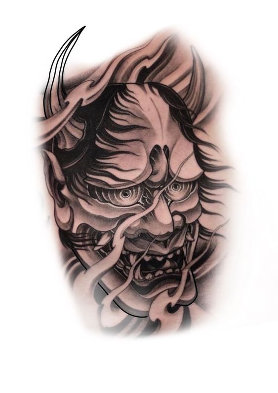 Hình xăm oni phong cách blackwork trên cánh tay, độ chi tiết cao, ảnh HD.