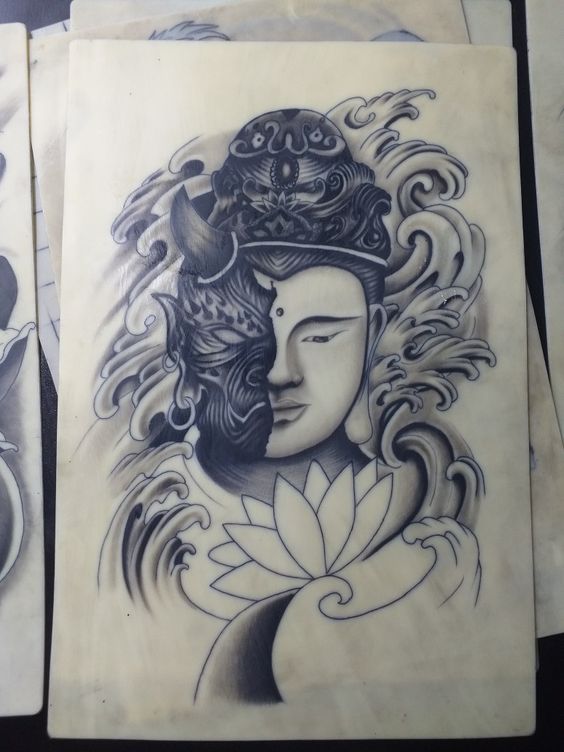 Phác thảo xăm hình nửa Phật nửa quỷ Hình xăm Phật và quỷ, phong cách blackwork, chi tiết, độ phân giải HD, minh họa trên giấy.