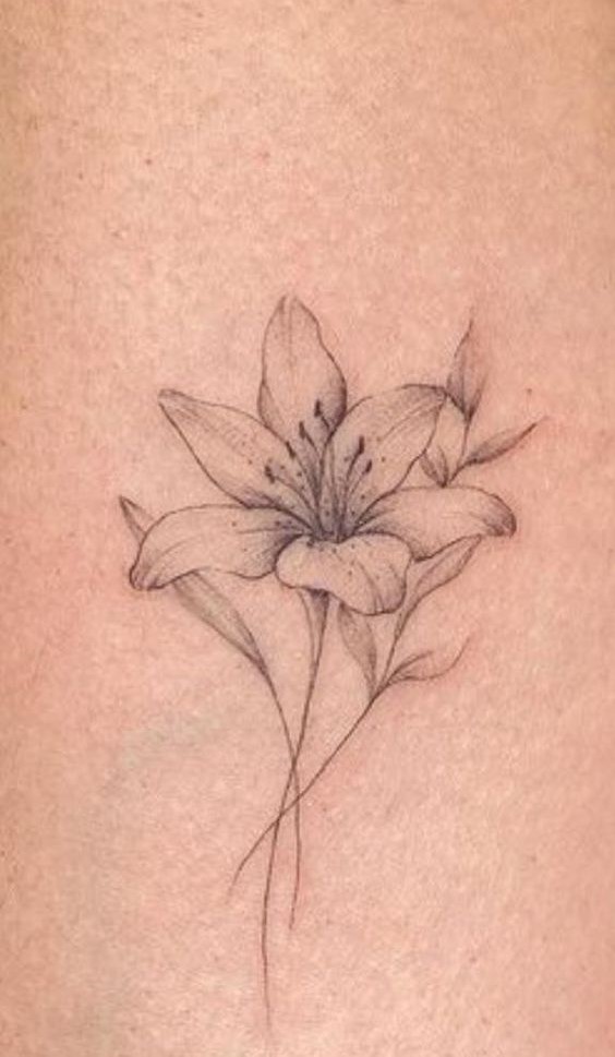 phong cách xăm hoa lily mini tối giản Hình xăm hoa ly phong cách blackwork trên da, chi tiết tinh tế, chất lượng HD, vị trí không rõ.