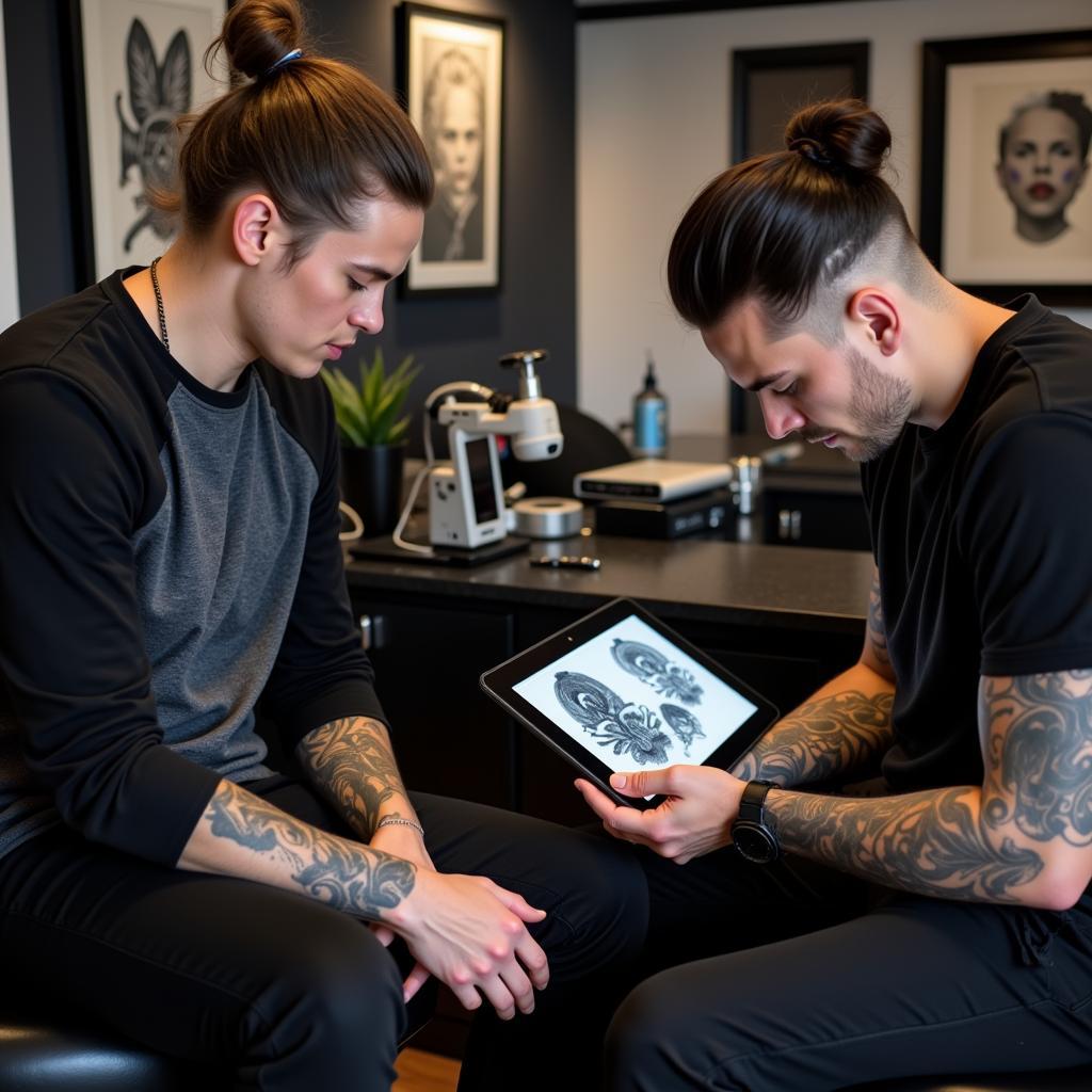 Hình xăm hoa văn trên cánh tay, phong cách blackwork chi tiết, trong tiệm xăm, ảnh độ phân giải cao.