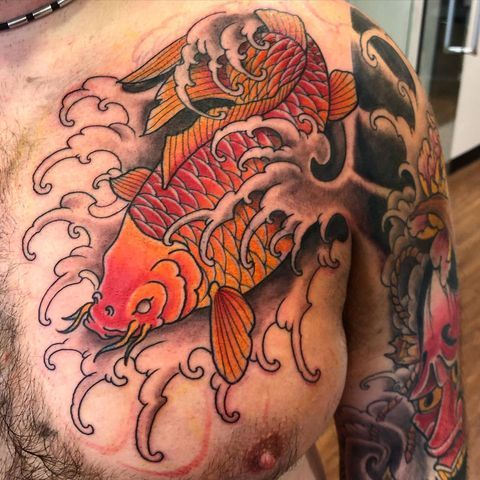 Tatoo cá chép ở ngực màu sắc độc đáo Hình xăm cá chép trên ngực, phong cách màu sắc, chi tiết sống động, ảnh HD.