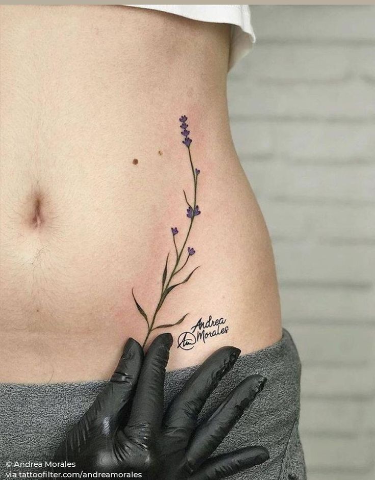 tattoo ở eo tỏa sáng cho nữ Hình xăm hoa oải hương mini trên eo, phong cách màu nước tinh tế, độ phân giải HD.