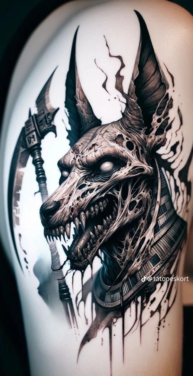 Hình xăm đầu sói phong cách blackwork chi tiết trên cánh tay, độ phân giải HD.