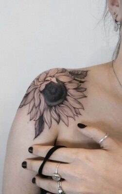 tattoo bông hướng dương mực đen Hình xăm hoa hướng dương trên vai, phong cách blackwork chi tiết, ảnh HD.