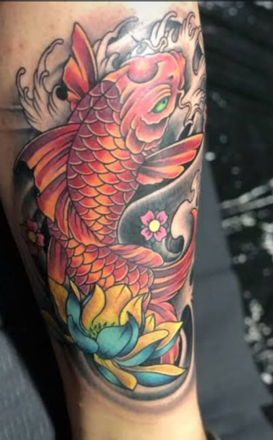 Hình xăm cá chép màu sắc trên tay, phong cách cổ điển, chi tiết rõ nét, độ phân giải HD.