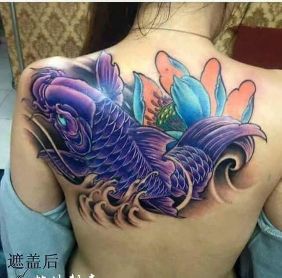 Hình xăm cá chép màu sắc trên lưng, phong cách cổ điển chi tiết, độ phân giải HD.