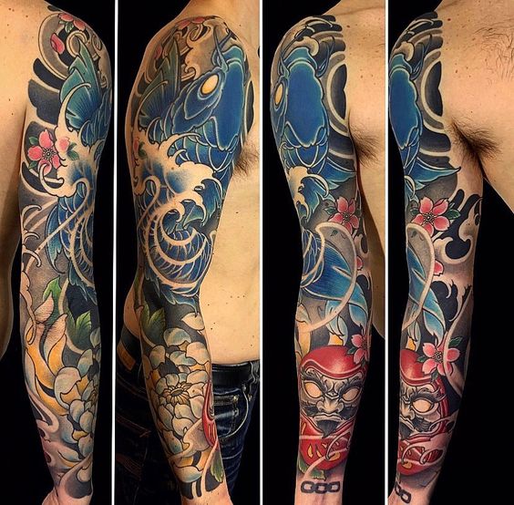 tattoo-ca-chep-xanh-full-tay Hình xăm tay áo rồng màu sắc phong cách Nhật Bản, chi tiết cao, độ phân giải HD.