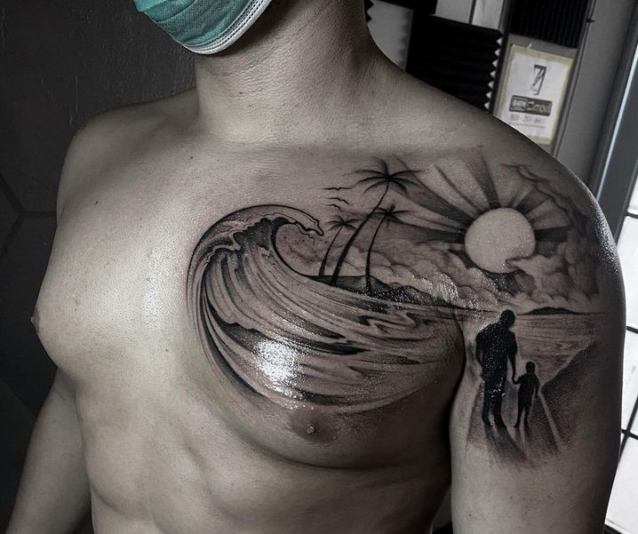 tattoo cha dắt tay con đi trên biển Hình xăm cảnh biển trên ngực nam, phong cách blackwork chi tiết, độ phân giải HD.