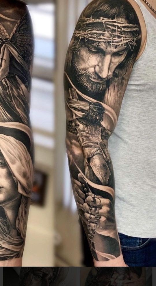 Hình xăm Chúa Giê-su trên cánh tay, phong cách blackwork chi tiết, ảnh HD.