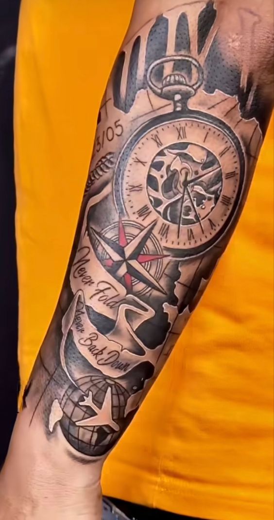 tattoo đồng hồ la mã ở cẳng tay cho quý ông