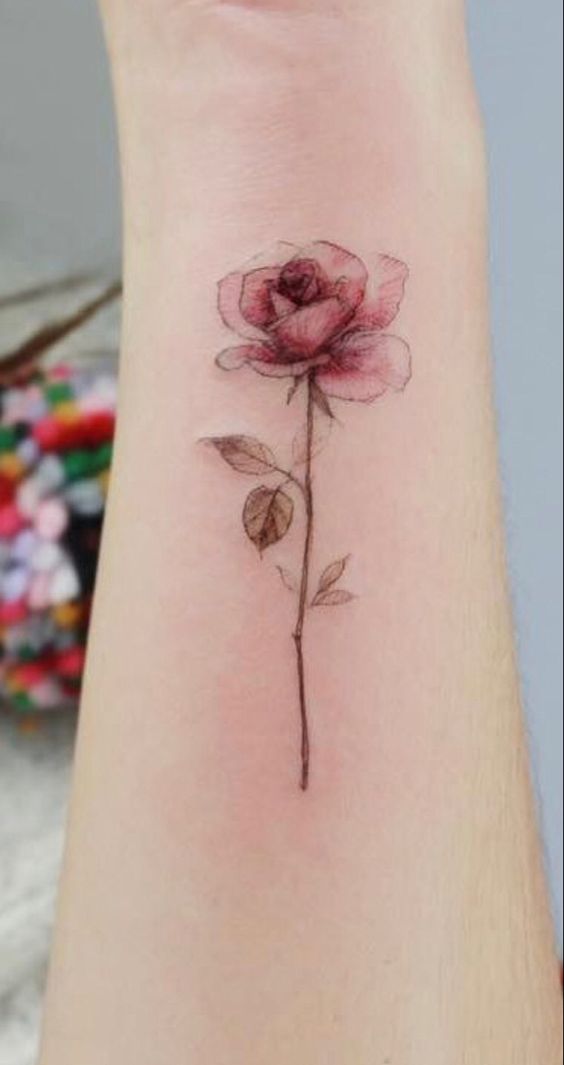 Tattoo hoa hồng giản đơn cho nữ Hình xăm hoa hồng mini trên cánh tay, phong cách màu nước, chi tiết tinh tế, độ phân giải HD.