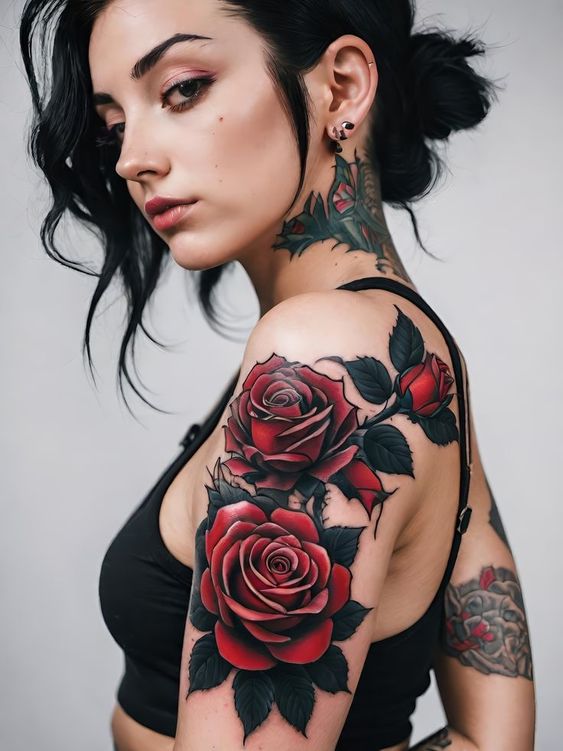 Tattoo hoa hồng đỏ mạnh mẽ và nổi bật Hình xăm hoa hồng trên vai, phong cách màu sắc, chi tiết rõ nét, ảnh HD.