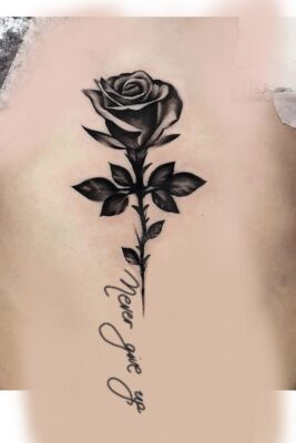 Hình xăm hoa hồng blackwork trên lưng, chi tiết cao, kèm chữ, ảnh HD.