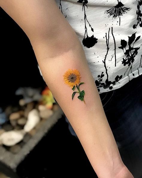 Hình xăm hoa hướng dương size mini ở cánh tay Hình xăm hoa hướng dương mini trên cánh tay, phong cách màu sắc tỉ mỉ, ảnh HD.