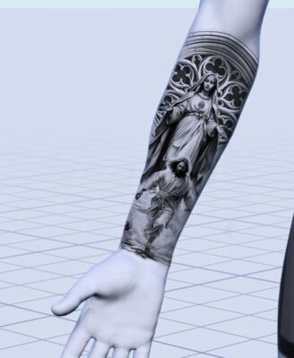 Hình xăm tôn giáo trên cánh tay, phong cách blackwork, chi tiết cao, độ phân giải HD.
