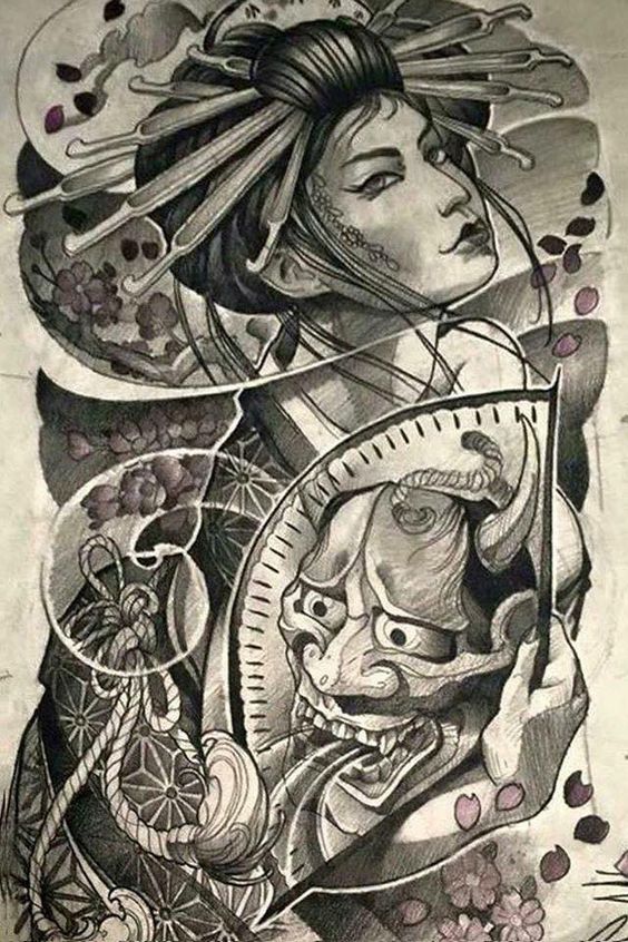Hình xăm geisha và oni Nhật Bản, phong cách blackwork chi tiết, độ phân giải HD.