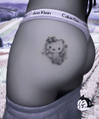 Hình xăm Hello Kitty ở mông, phong cách blackwork, chi tiết vừa phải, độ phân giải HD.