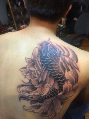 Hình xăm cá chép phong cách blackwork trên lưng, chi tiết sắc nét, độ phân giải HD.