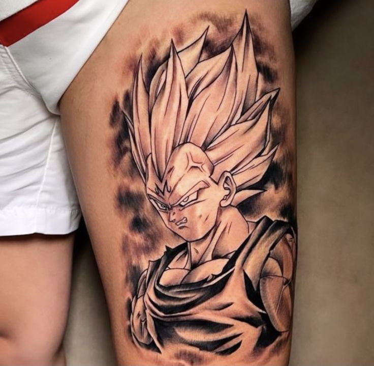 Hình xăm nhân vật anime trên đùi, phong cách blackwork chi tiết, độ phân giải HD.