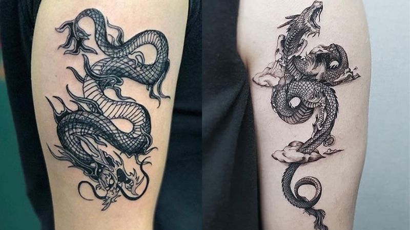 Hình xăm rồng blackwork trên tay, chi tiết tinh xảo, độ phân giải cao.