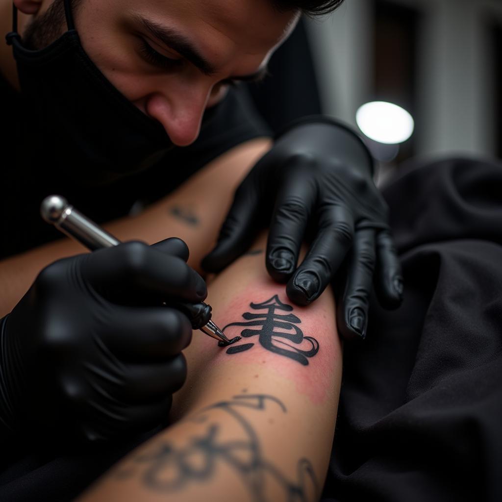 Hình xăm chữ Hán trên cánh tay, phong cách blackwork, chi tiết, ảnh HD.