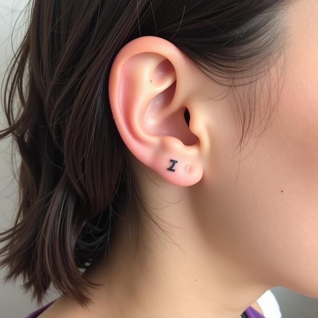 Hình xăm chữ nhỏ sau tai, phong cách blackwork, chi tiết tối giản, ảnh chất lượng HD.