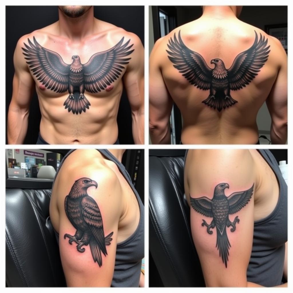 Hình xăm chim đại bàng ở ngực và tay, phong cách blackwork, chi tiết cao, độ phân giải HD.