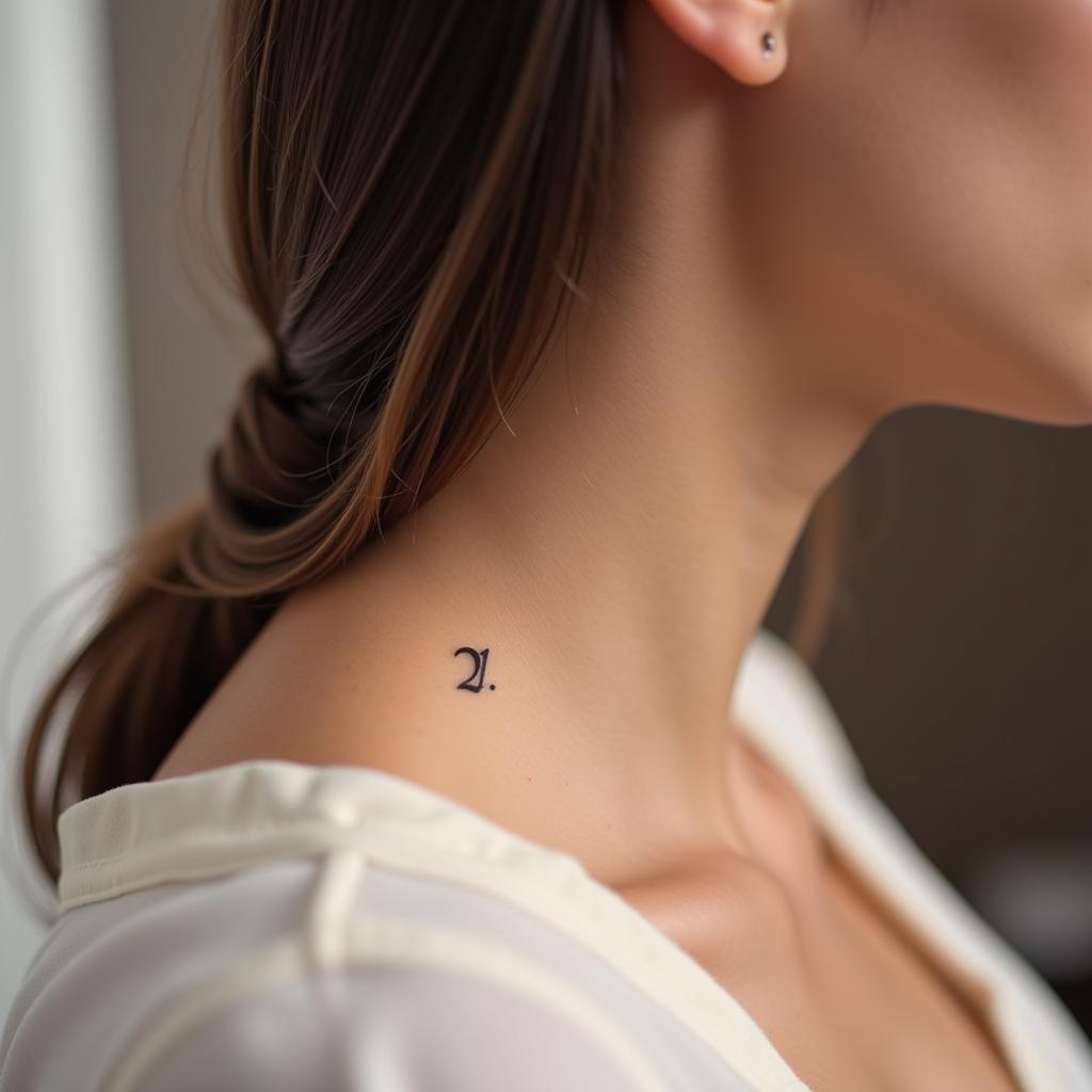 Hình xăm mini ký tự ở cổ, phong cách blackwork, chi tiết rõ nét, độ phân giải HD.