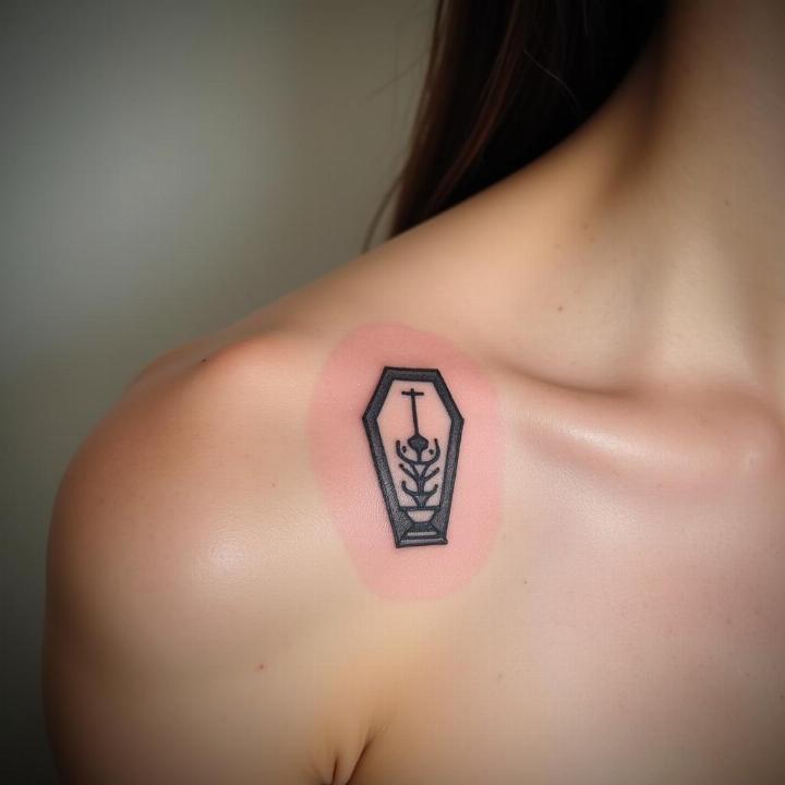 Hình xăm quan tài và hoa trên vai, phong cách blackwork, độ chi tiết cao, ảnh HD.
