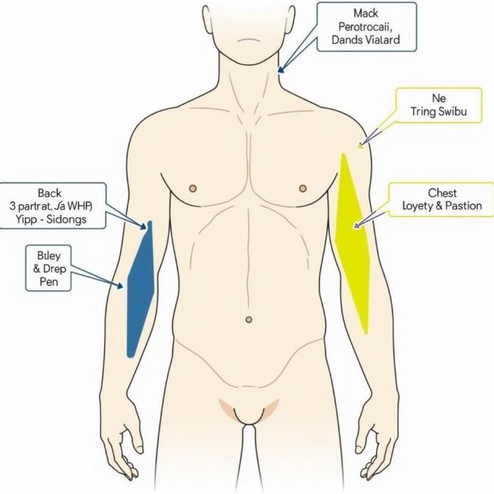 Sơ đồ vị trí hình xăm trên cơ thể nam, mô tả vị trí trên tay và ngực, phong cách đơn giản, chất lượng HD.