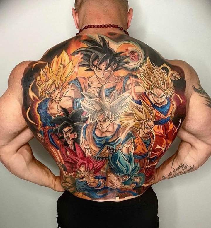 Hình xăm anime chi tiết trên lưng, phong cách màu sắc, độ phân giải HD, nhân vật hoạt hình nổi tiếng.