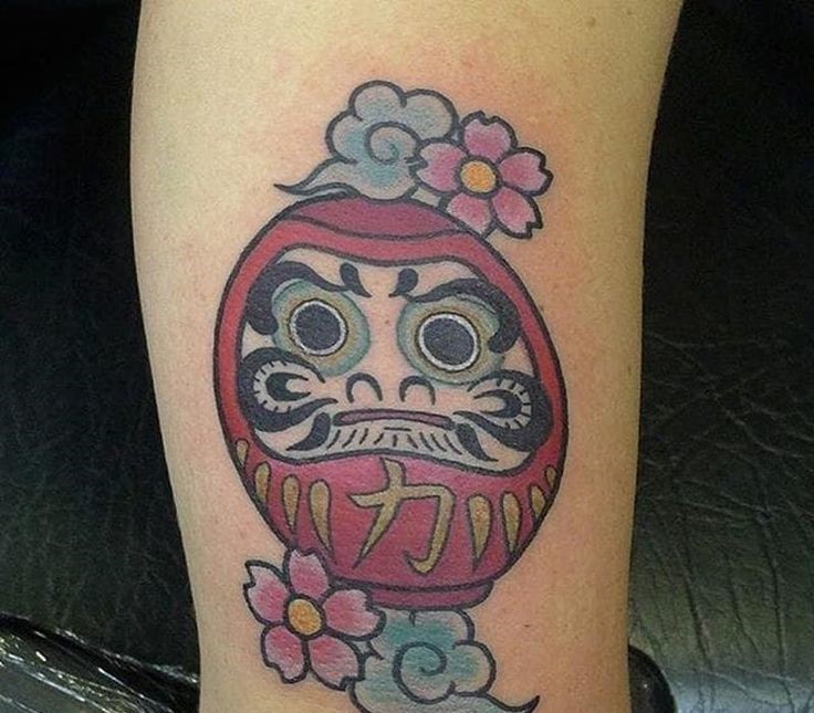xăm daruma phong cách cổ điển, thể hiện sự mạnh mẽ và kiên cường Hình xăm búp bê Daruma và hoa anh đào trên cánh tay, phong cách màu sắc, chi tiết sắc nét, độ phân giải HD.