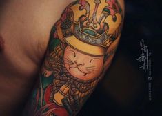 Xăm mèo thần tài samurai trên bắp tay cho khách Hình xăm mèo thần tài phong cách màu sắc trên cánh tay, chi tiết tinh xảo, ảnh HD.