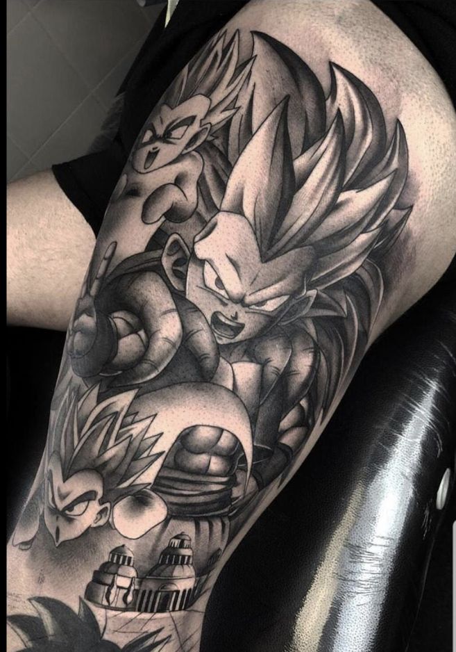 Hình xăm anime trên đùi, phong cách blackwork, chi tiết cao, độ phân giải HD.