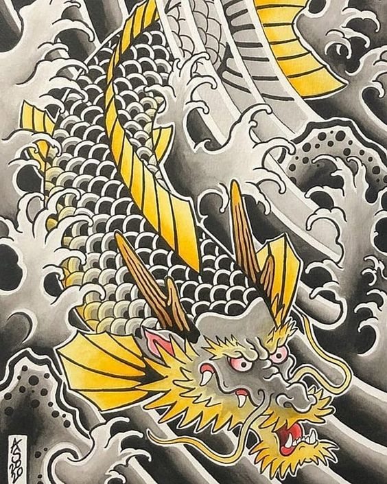 Hình xăm rồng Nhật Bản, phong cách cổ điển, chi tiết sắc nét, màu sắc nổi bật, 1080x1920.