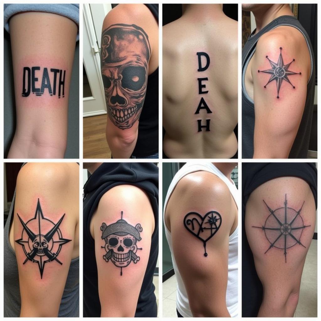 Hình xăm phong cách blackwork trên tay và lưng, gồm chữ, hình đầu lâu, la bàn. Độ phân giải HD.