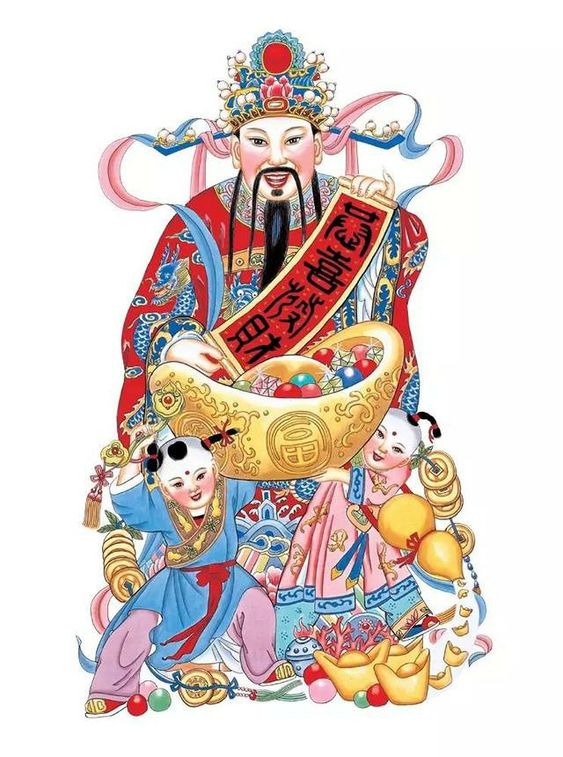 Hình xăm thần tài, phong cách màu sắc, độ chi tiết cao, thể hiện sự may mắn và tài lộc, ảnh HD.