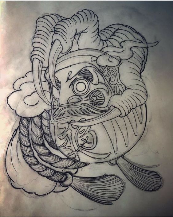 Phác thảo xăm Daruma quyền lực với sức mạnh bền bỉ Bản vẽ hình xăm Daruma phong cách cổ điển, chi tiết, độ phân giải HD.