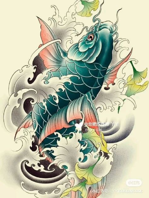 Ý tưởng tattoo cá chép màu sắc ở ngực độc đáo Hình xăm cá chép phong cách cổ điển, chi tiết, vị trí không rõ, ảnh độ phân giải cao.