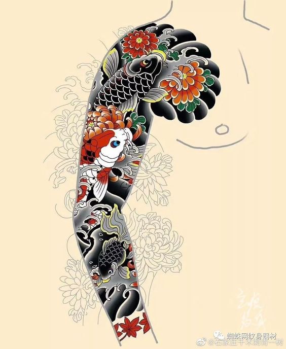 y-tuong-tattoo-canh-tay-bang-hinh-ca-chep-nhat-co Hình xăm cá chép tay, phong cách cổ điển, màu sắc rực rỡ, độ chi tiết cao, độ phân giải HD.