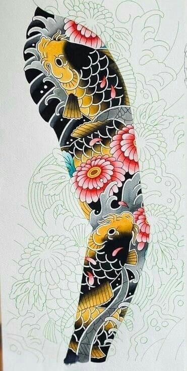 y-tuong-tattoo-canh-tay-bang-hinh-ca-chep Hình xăm cá chép và hoa mẫu đơn trên tay, phong cách Nhật Bản, chi tiết sắc nét, độ phân giải HD.