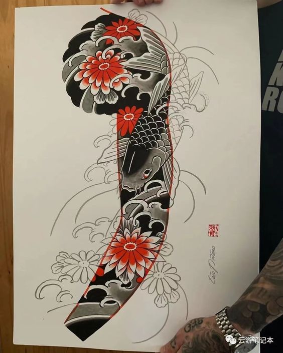 y-tuong-tattoo-ket-hop-cuc-do Hình xăm cá chép phong cách Nhật Bản, họa tiết hoa đỏ, độ chi tiết cao, ảnh HD.
