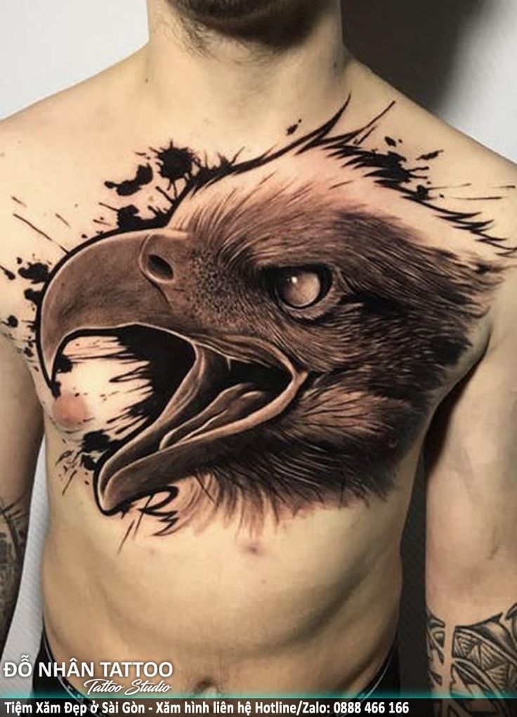 Hình xăm đại bàng trên ngực phong cách blackwork, chi tiết rõ nét, độ phân giải HD.