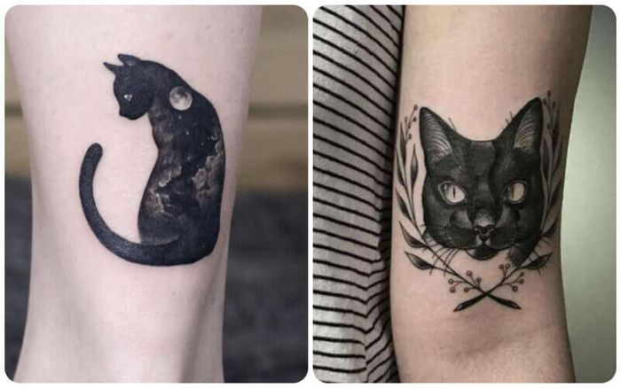 Hình xăm mèo phong cách blackwork trên tay, chi tiết cao, độ phân giải HD.