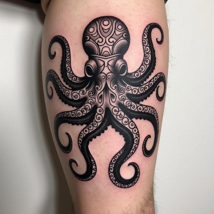 Hình xăm bạch tuộc phong cách blackwork chi tiết trên bắp tay, độ phân giải HD.